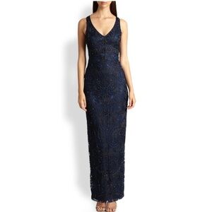 Sue Wong Beaded V-Neck Black Blue Column Gown